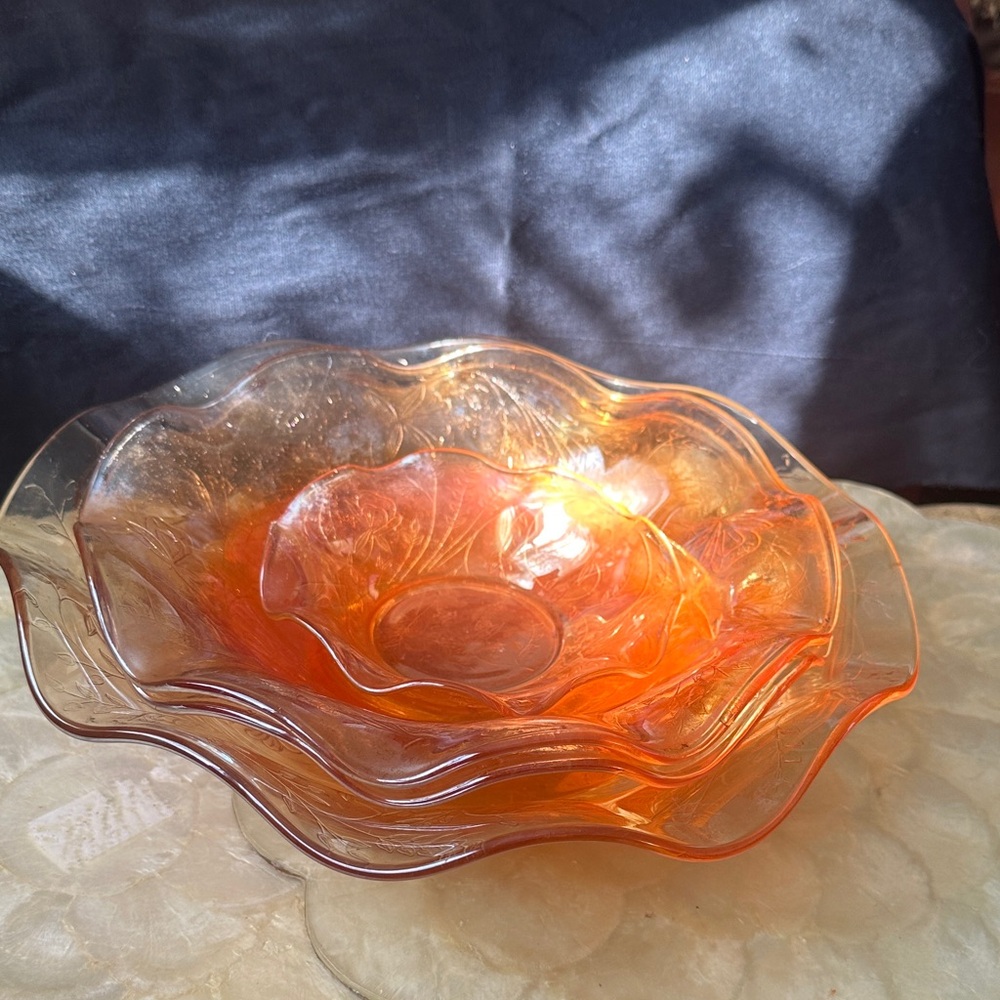Jeannette Iris Herringbone Marigold Depression Glass Serving Bowls set of 4